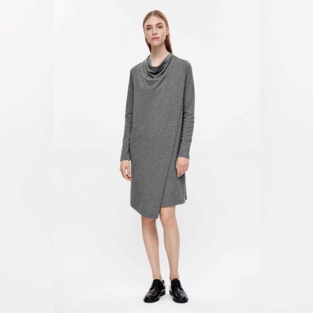 COS Grey Draped Asymmetric Minimalist Knit Dress Size S